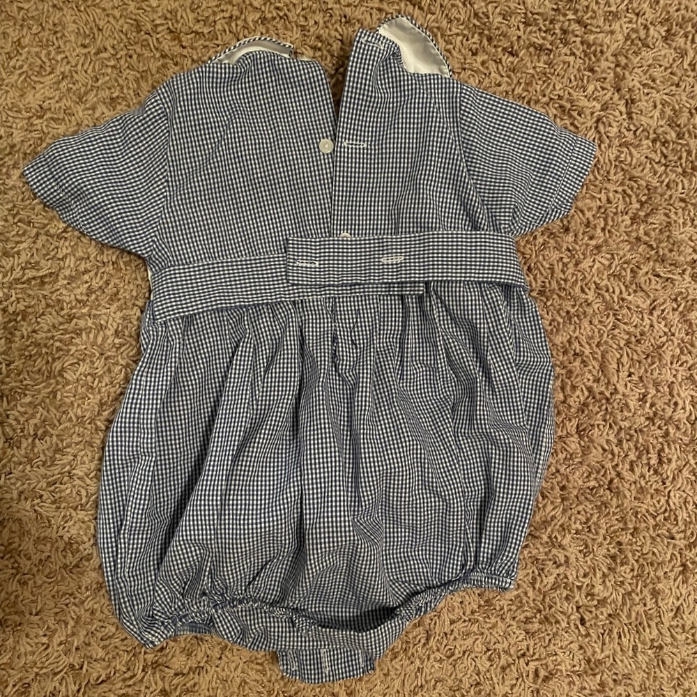 Silly Goose Hand Smocked Charming Blue Checkered Kids Bodysuit with Train Design - Picture 3 of 5